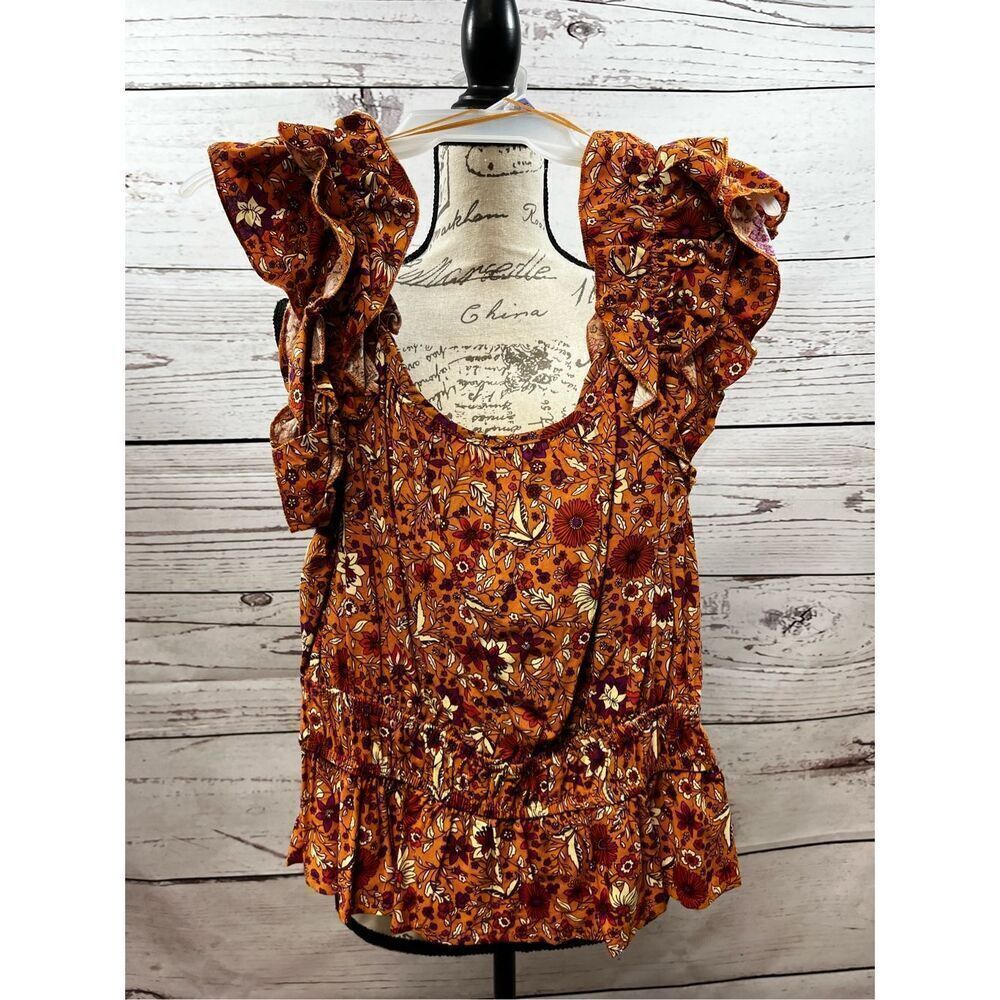 Luna Moon Floral Print Tiered Maxi Skirt Boho Festival Orange Brown Size L